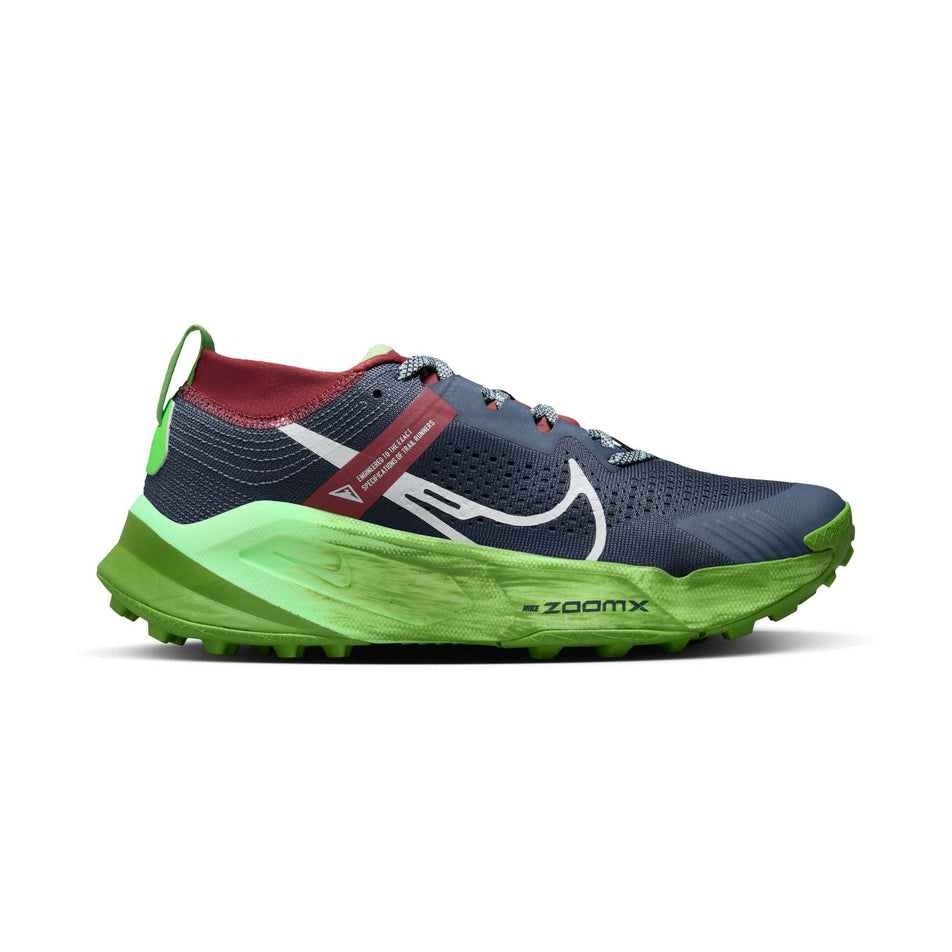 Lateral side of the right shoe from a pair of Nike Women's Zegama Trail Running Shoes in the Thunder Blue/Summit White-Chlorophyll colourway (8157777789090)