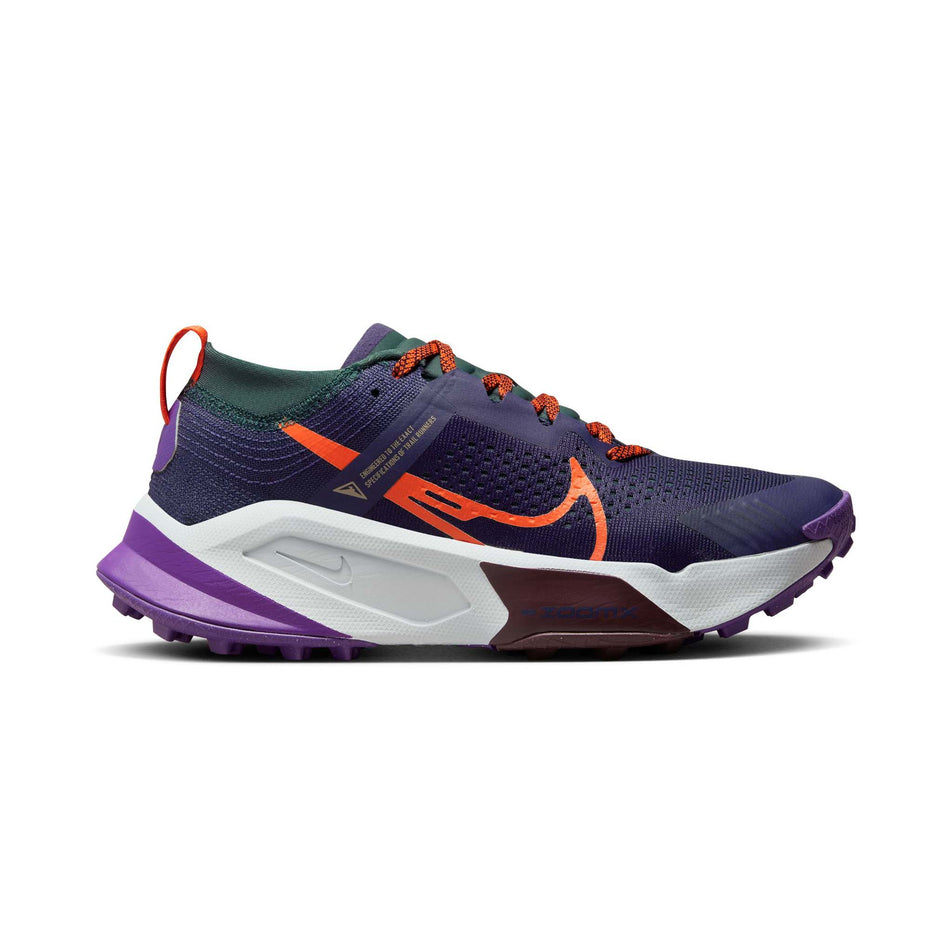 Lateral side of the right shoe from a pair of Nike Women's Zegama Trail Running Shoes in the Purple Ink/Safety Orange-Deep Jungle colourway (8049474764962)
