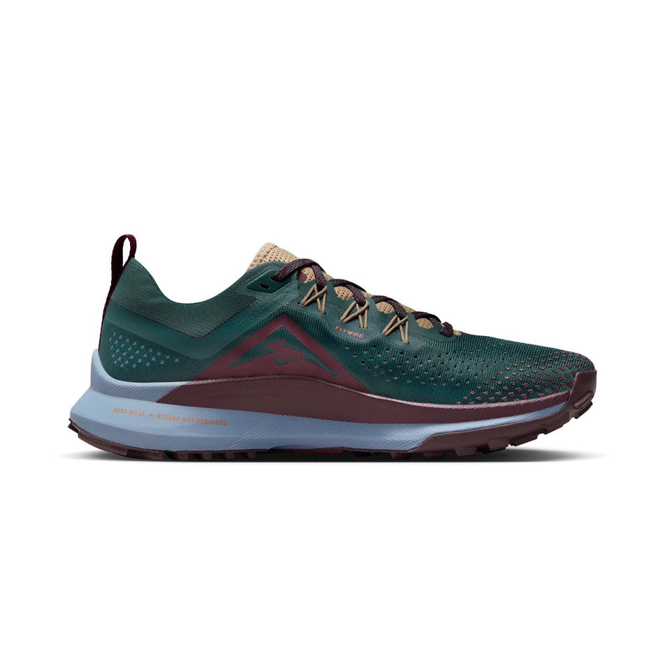 Medial side of the left shoe from a pair of Men's Pegasus Trail 4 Trail Running Shoes in the Deep Jungle/Night Maroon-Khaki colourway (8048783786146)