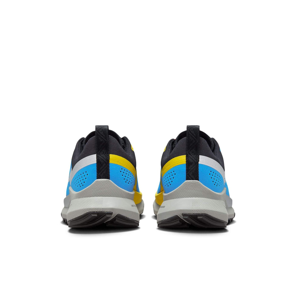 The back of a pair of Nike Pegasus Trail 4 Men's Trail Running Shoes in the LT Photo Blue/Metallic Silver-Track Red colourway (7970844377250)