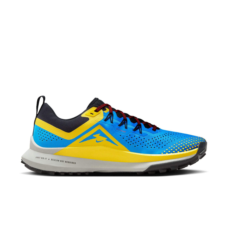 Medial side of the left shoe from a pair of Nike Pegasus Trail 4 Men's Trail Running Shoes in the LT Photo Blue/Metallic Silver-Track Red colourway (7970844377250)