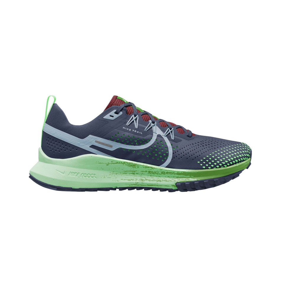 Lateral side of the right shoe from a pair of Nike Men's Pegasus Trail 4 Trail Running Shoes in the Thunder Blue/Lt Armory Blue-Chlorophyll colourway (8156346876066)