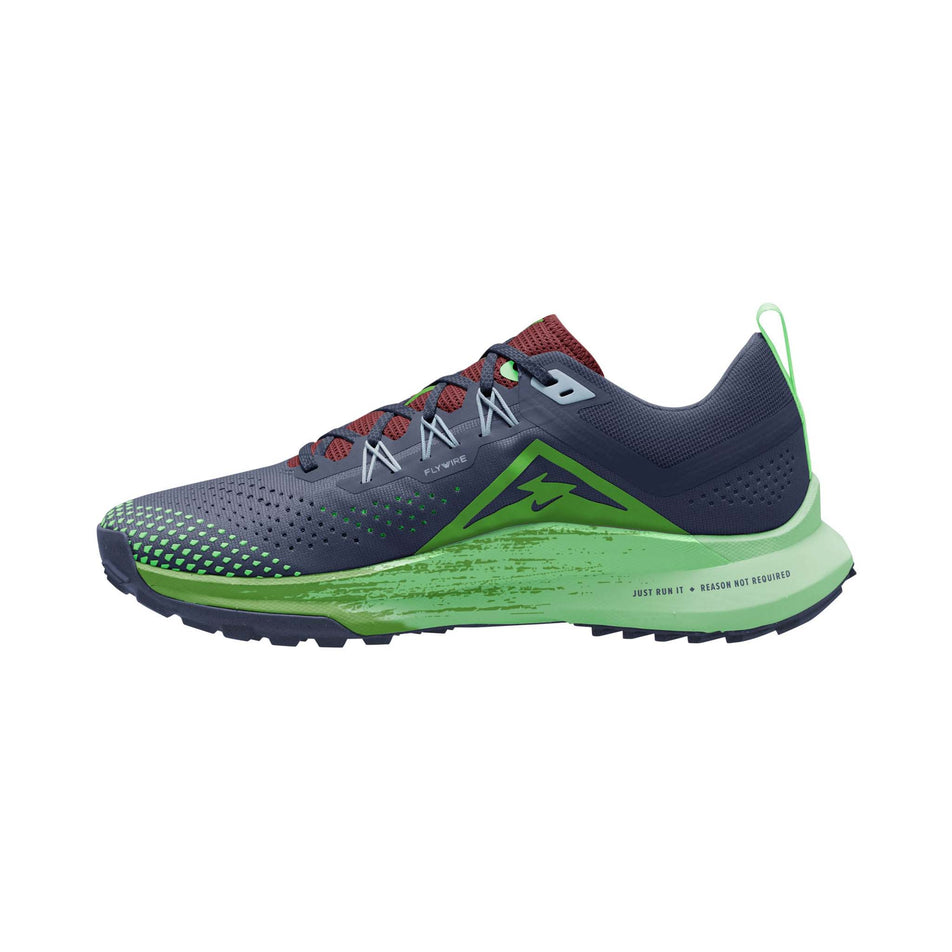 Medial side of the right shoe from a pair of Nike Men's Pegasus Trail 4 Trail Running Shoes in the Thunder Blue/Lt Armory Blue-Chlorophyll colourway (8156346876066)