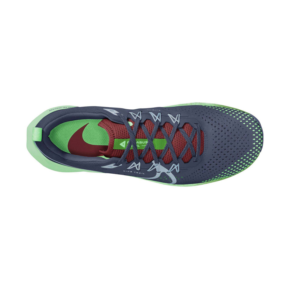 The upper of the right shoe from a pair of Nike Men's Pegasus Trail 4 Trail Running Shoes in the Thunder Blue/Lt Armory Blue-Chlorophyll colourway (8156346876066)