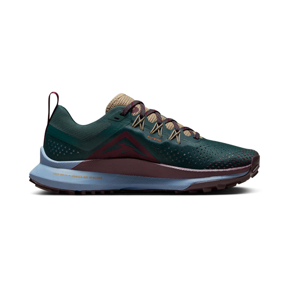 Medial side of the left shoe from a pair of Nike Women's Pegasus Trail 4 Trail Running Shoes in the Deep Jungle/Night Maroon-Khaki colourway (8049460543650)