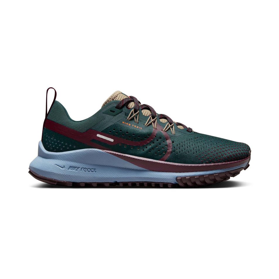 Lateral side of the right shoe from a pair of Nike Women's Pegasus Trail 4 Trail Running Shoes in the Deep Jungle/Night Maroon-Khaki colourway (8049460543650)