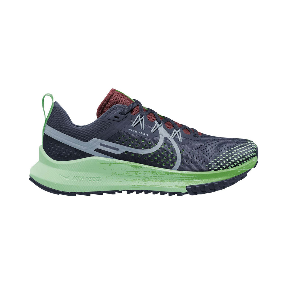 Lateral side of the right shoe from a pair of Nike Women's Pegasus Trail 4 Trail Running Shoes in the Thunder Blue/Lt Armory Blue-Chlorophyll colourway (8157776347298)