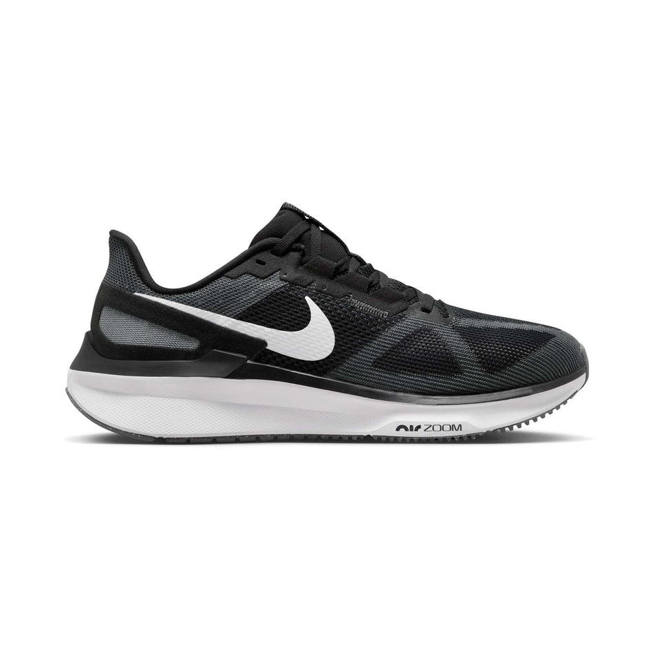 Lateral side of the right shoe from a pair of Nike Men's Structure 25 Road Running Shoes in the Black/White-Iron Grey colourway (8139357782178)
