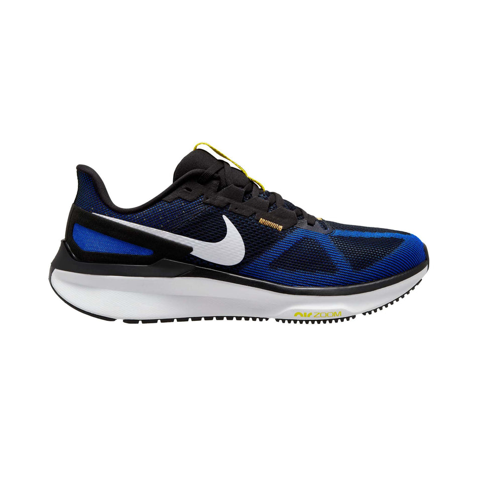 Lateral side of the right shoe from a pair of Nike Men's Structure 25 Road Running Shoes in the Black/White-Racer Blue-Sundial colourway (8025956745378)