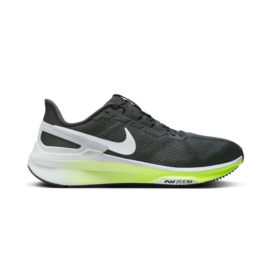 Medial side of the left shoe from a pair of Nike Men's Structure 25 Road Running Shoes in the Anthracite/White-Volt-Pure Platinum colourway (8070568181922)
