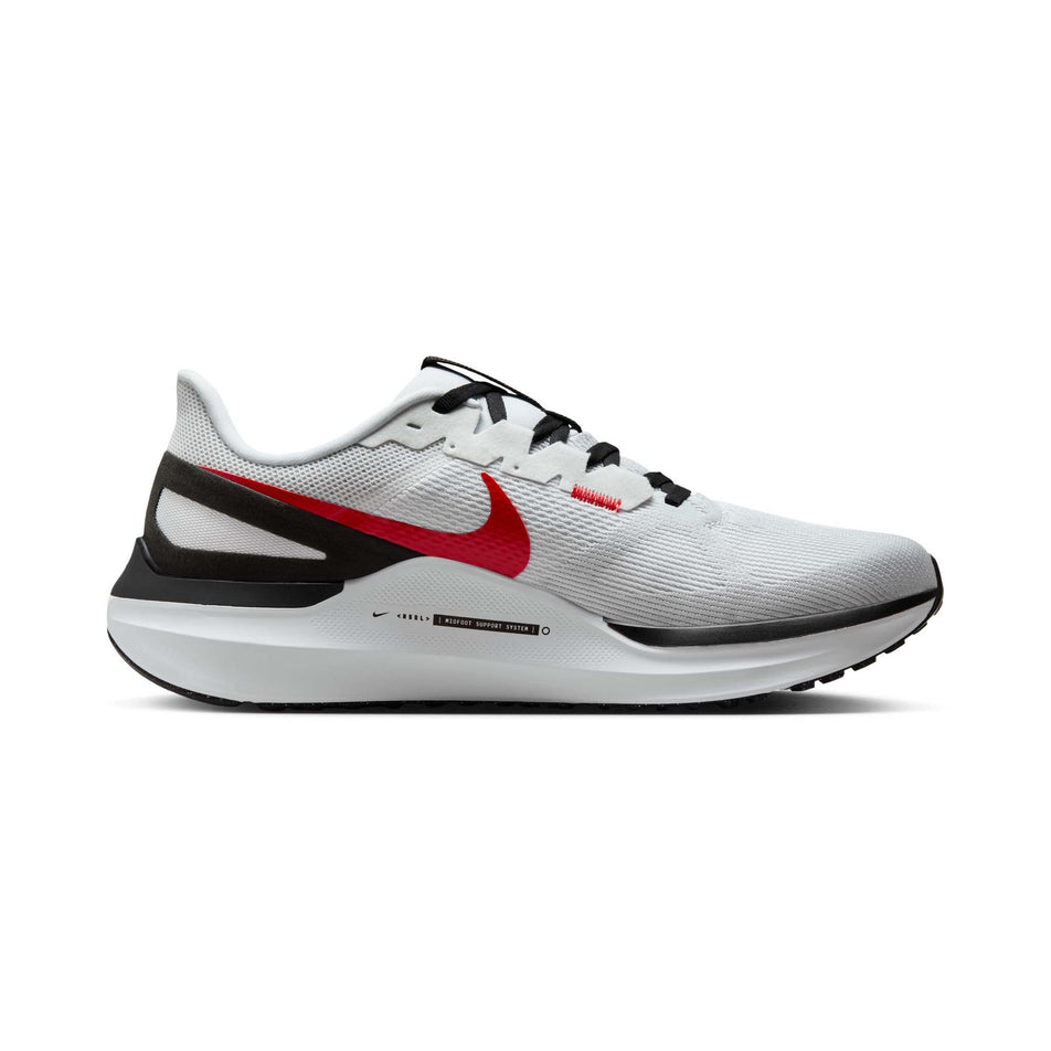 Medial side of the left shoe from a pair of Nike Men's Structure 25 Road Running Shoes in the White/Fire Red-Black-Lt Smoke Grey colourway (8215133978786)