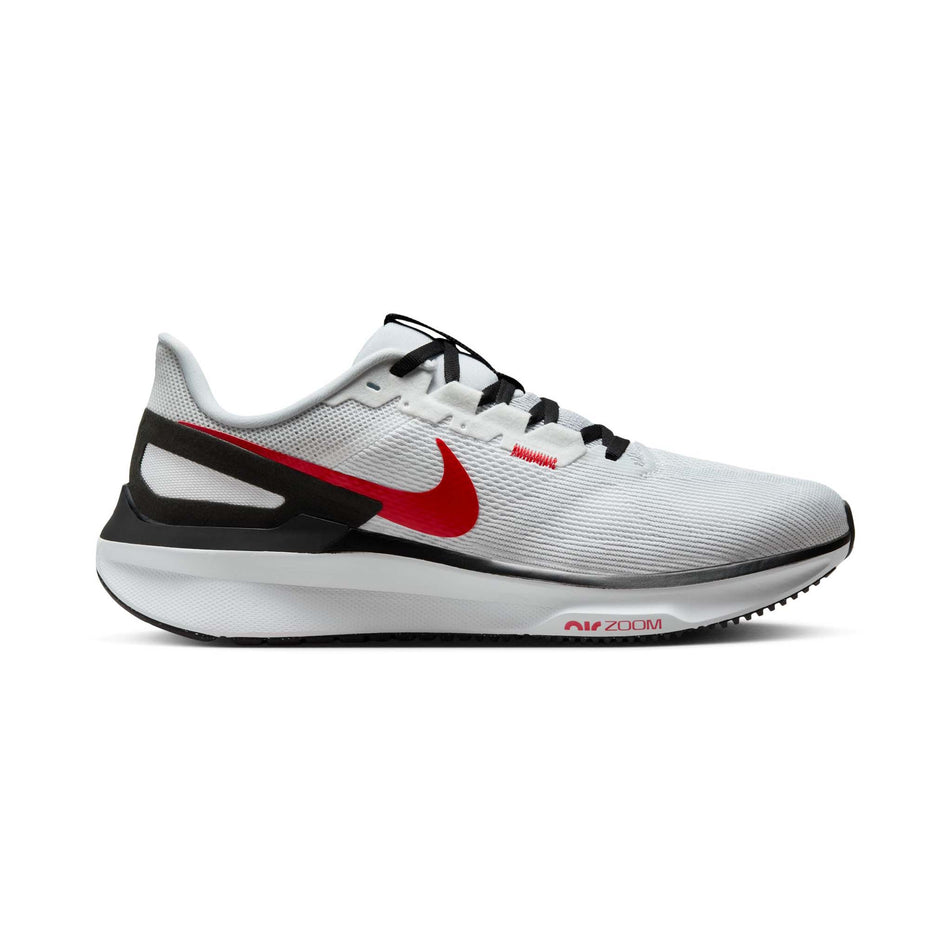 Lateral side of the right shoe from a pair of Nike Men's Structure 25 Road Running Shoes in the White/Fire Red-Black-Lt Smoke Grey colourway (8215133978786)