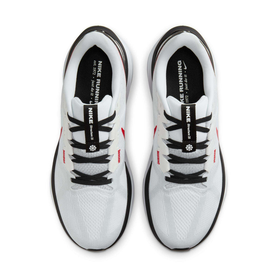 The uppers on a pair of Nike Men's Structure 25 Road Running Shoes in the White/Fire Red-Black-Lt Smoke Grey colourway (8215133978786)