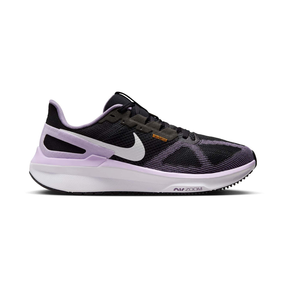 Lateral side of the right shoe from a pair of Nike Women's Structure 25 Road Running Shoes in the Black/White-Daybreak-Lilac Bloom colourway (8215812669602)