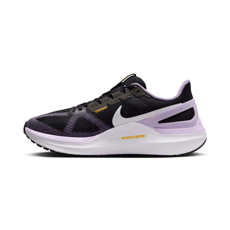 Medial side of the right shoe from a pair of Nike Women's Structure 25 Road Running Shoes in the Black/White-Daybreak-Lilac Bloom colourway (8215812669602)