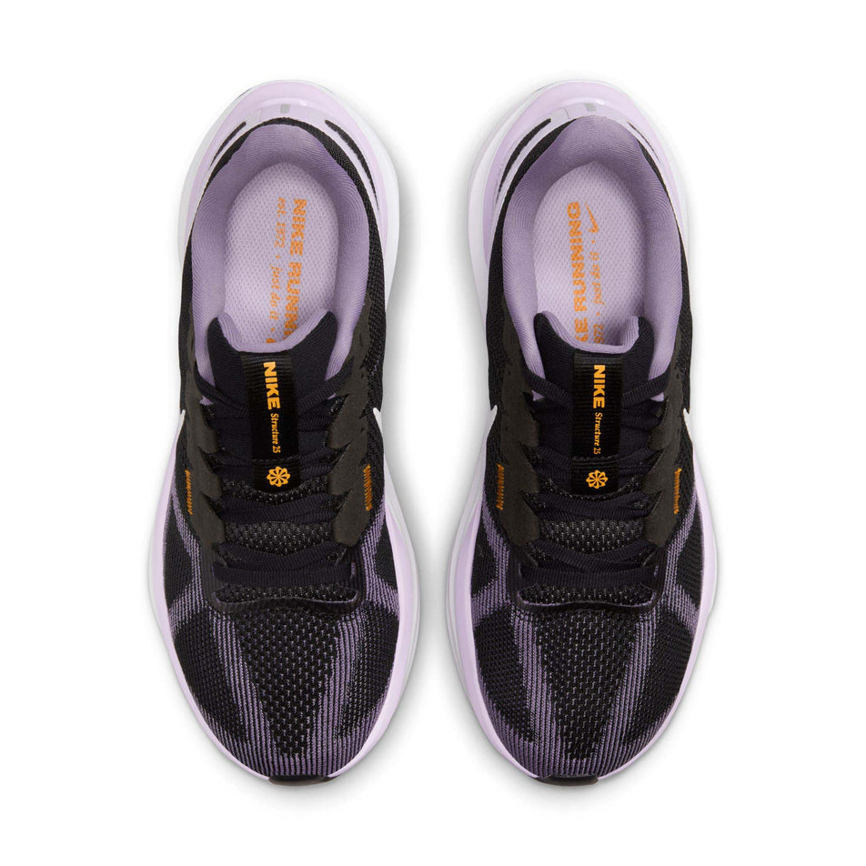 The uppers on a pair of Nike Women's Structure 25 Road Running Shoes in the Black/White-Daybreak-Lilac Bloom colourway (8215812669602)