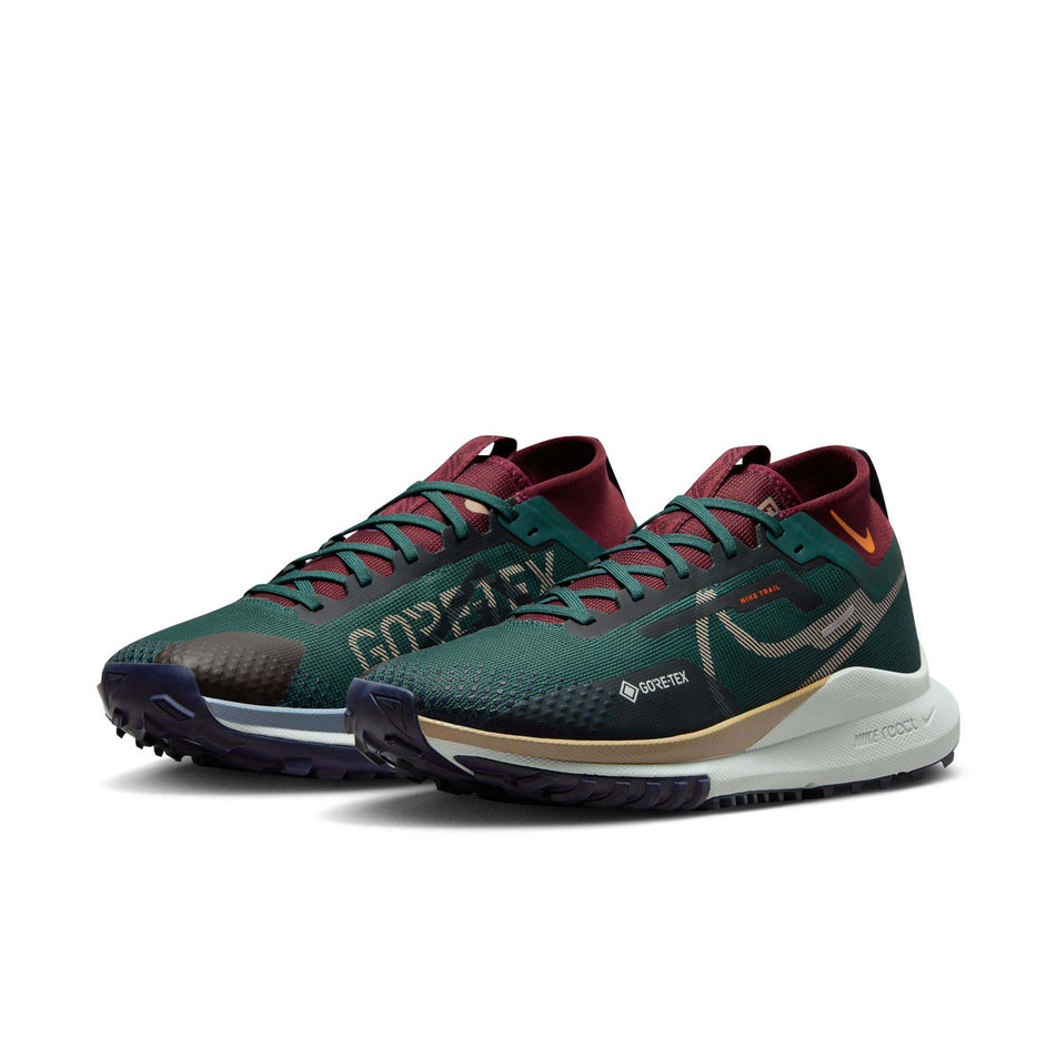 A pair of Nike Men's Pegasus Trail 4 GORE-TEX Waterproof Trail Running Shoes. Deep Jungle/Khaki-Night Maroon colourway. (8073025454242)