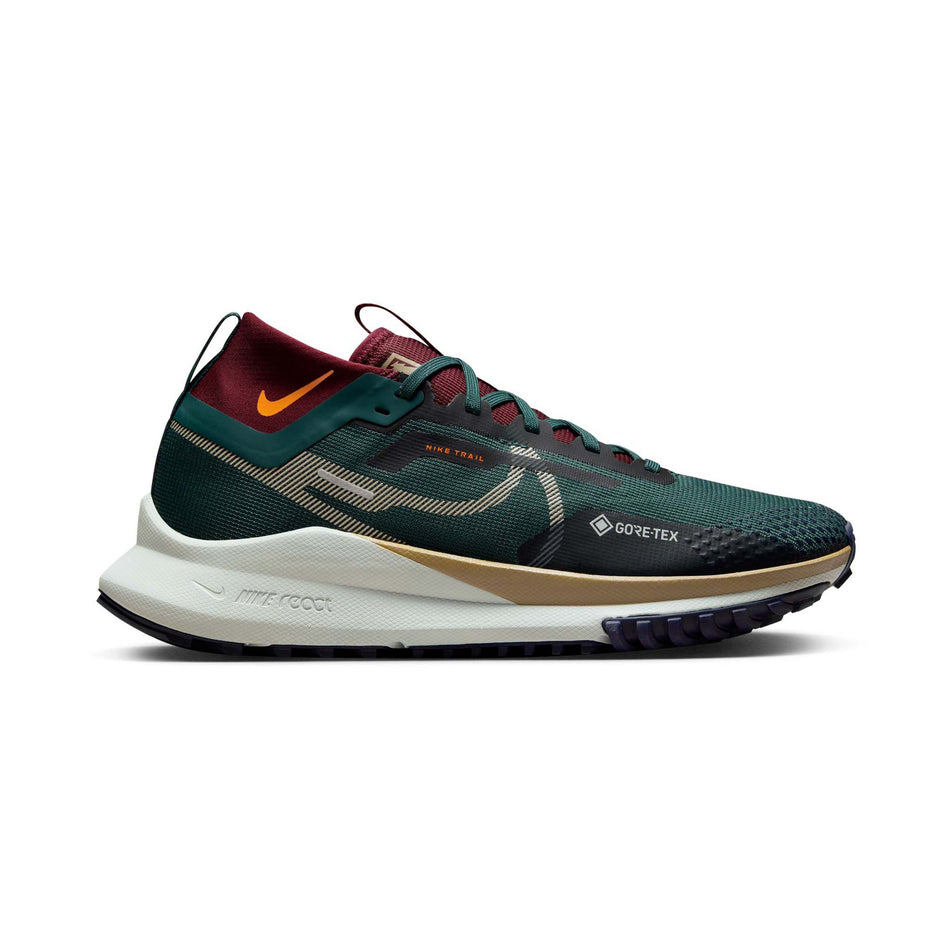 Lateral side of the right shoe from a pair of Nike Men's Pegasus Trail 4 GORE-TEX Waterproof Trail Running Shoes. Deep Jungle/Khaki-Night Maroon colourway. (8073025454242)