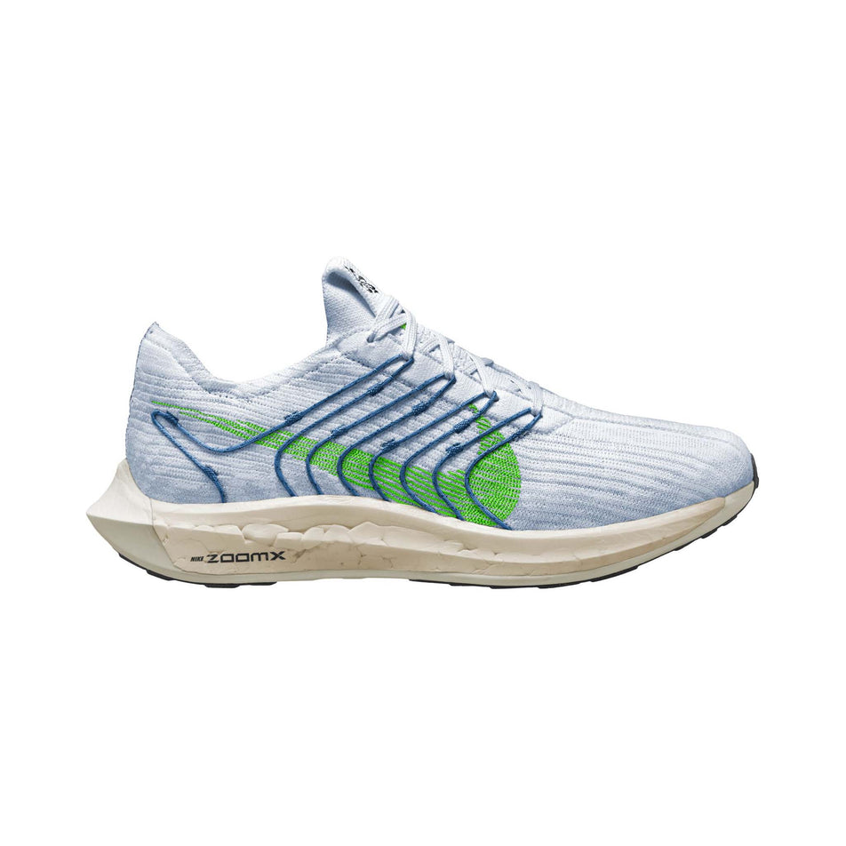 Lateral side of the right shoe from a pair of Nike Men's Pegasus Turbo Running Shoes in the Football Grey/Green Strike-Star Blue colourway (8132867883170)
