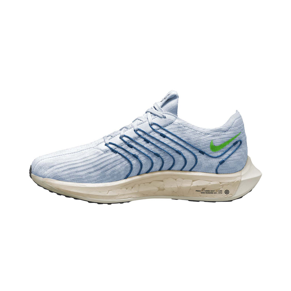 Medial side of the right shoe from a pair of Nike Men's Pegasus Turbo Running Shoes in the Football Grey/Green Strike-Star Blue colourway (8132867883170)