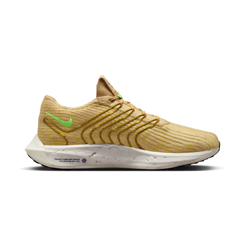 Medial side of the left shoe from a pair of Nike Men's Pegasus Turbo Road Running Shoes in the Sesame/Lime Blast-Buff Gold-Bronzine colourway (8072720482466)