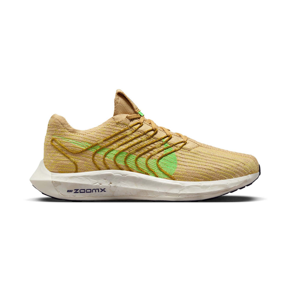 Lateral side of the right shoe from a pair of Nike Men's Pegasus Turbo Road Running Shoes in the Sesame/Lime Blast-Buff Gold-Bronzine colourway (8072720482466)