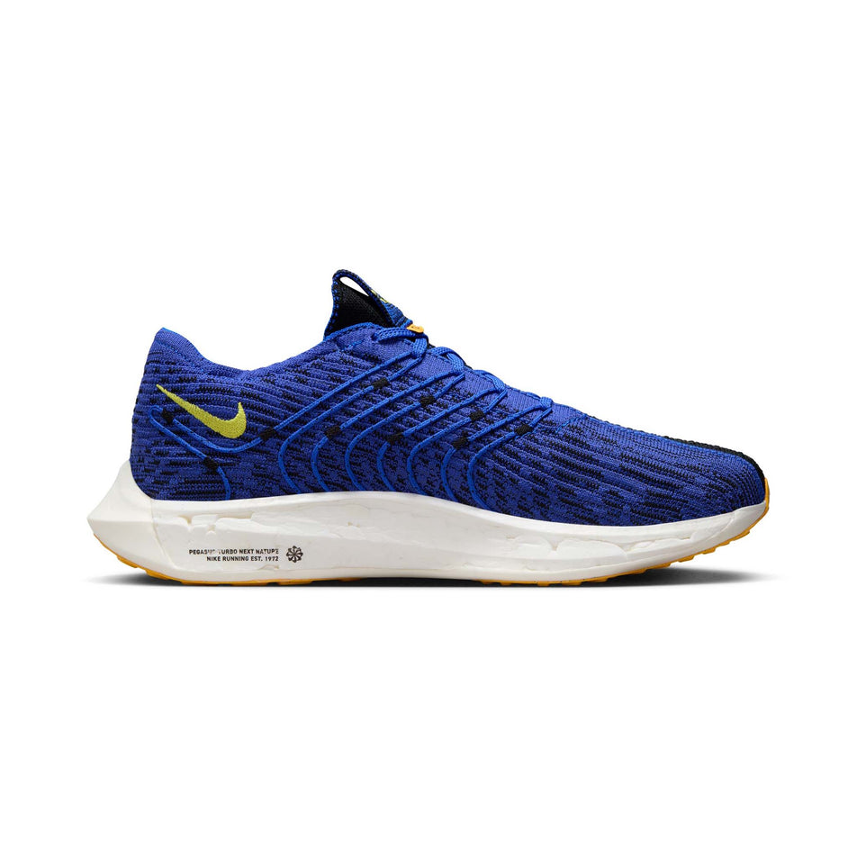 Medial side of the left shoe from a pair of Nike Men's Pegasus Turbo Road Running Shoes in the Racer Blue/High Voltage-Black-Sundial colourway (7970640265378)
