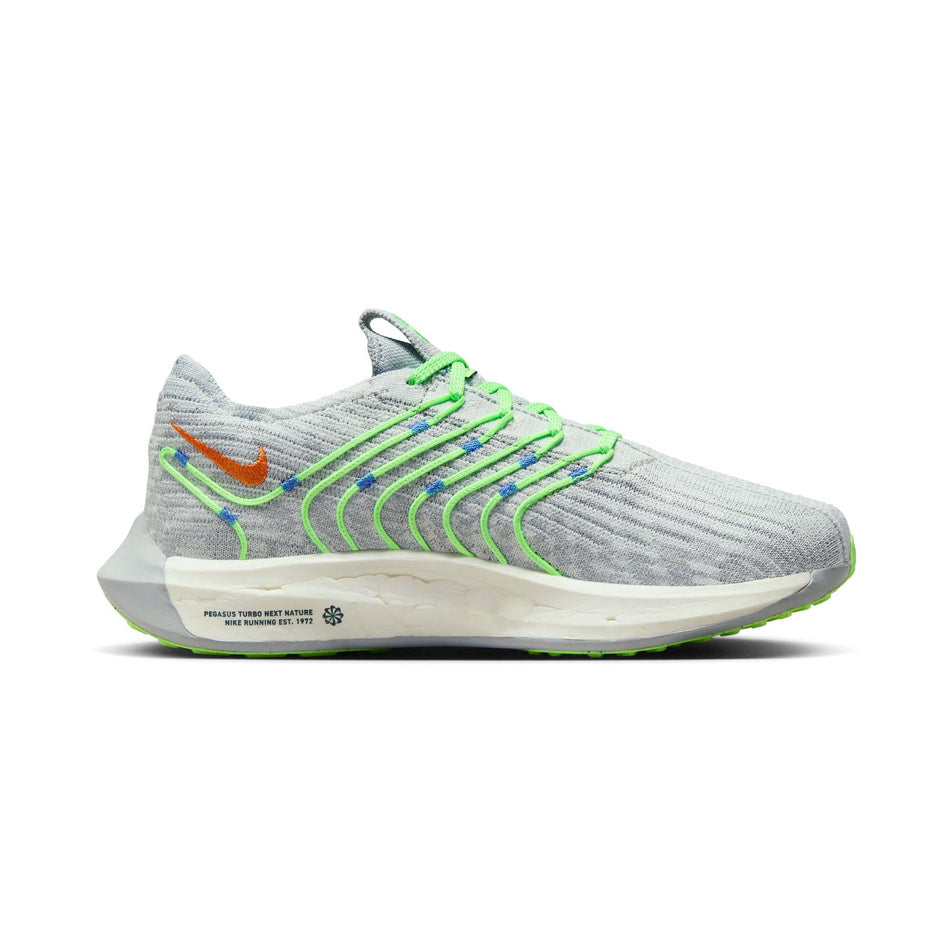 Medial side of the left shoe from a pair of Nike Women's Pegasus Turbo Road Running Shoes in the Pure Platinum/Bright Mandarin-Wolf Grey colourway (8049401626786)