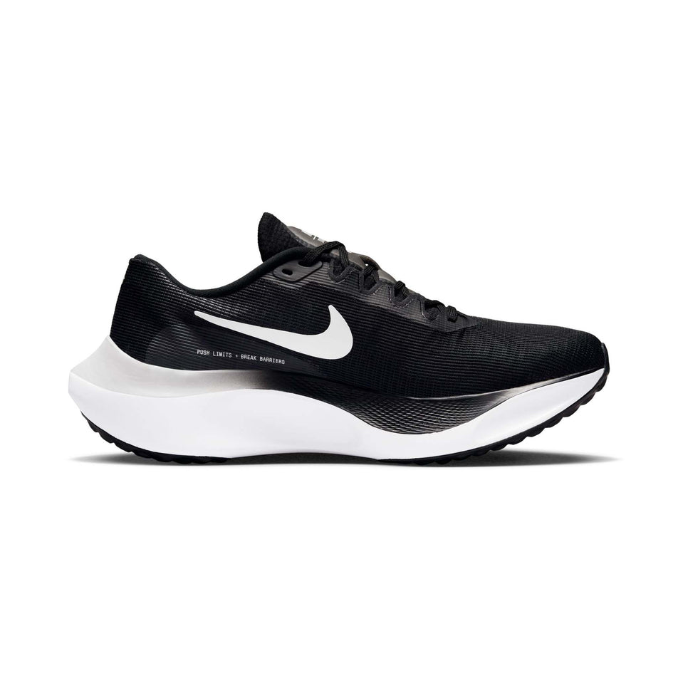 Medial side of the left shoe from a pair of Nike Men's Zoom Fly 5 Road Running Shoes in the Black/White colourway (8135104594082)