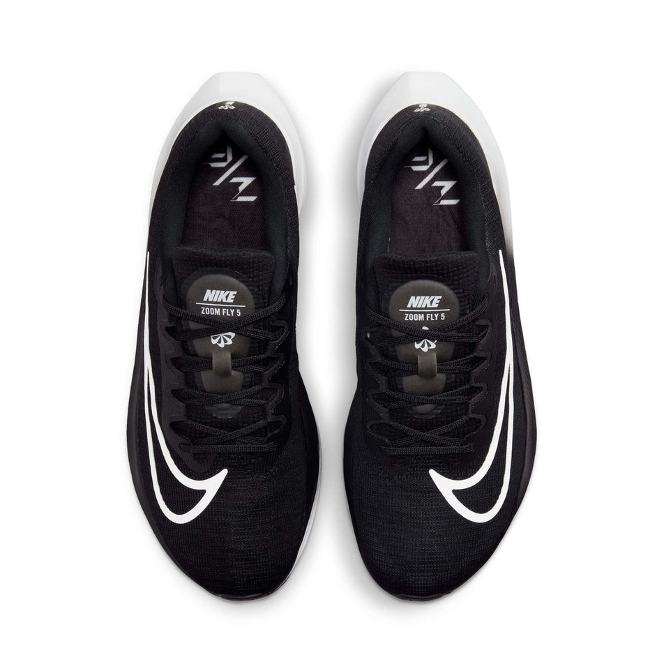 The uppers on a pair of Nike Men's Zoom Fly 5 Road Running Shoes in the Black/White colourway (8135104594082)