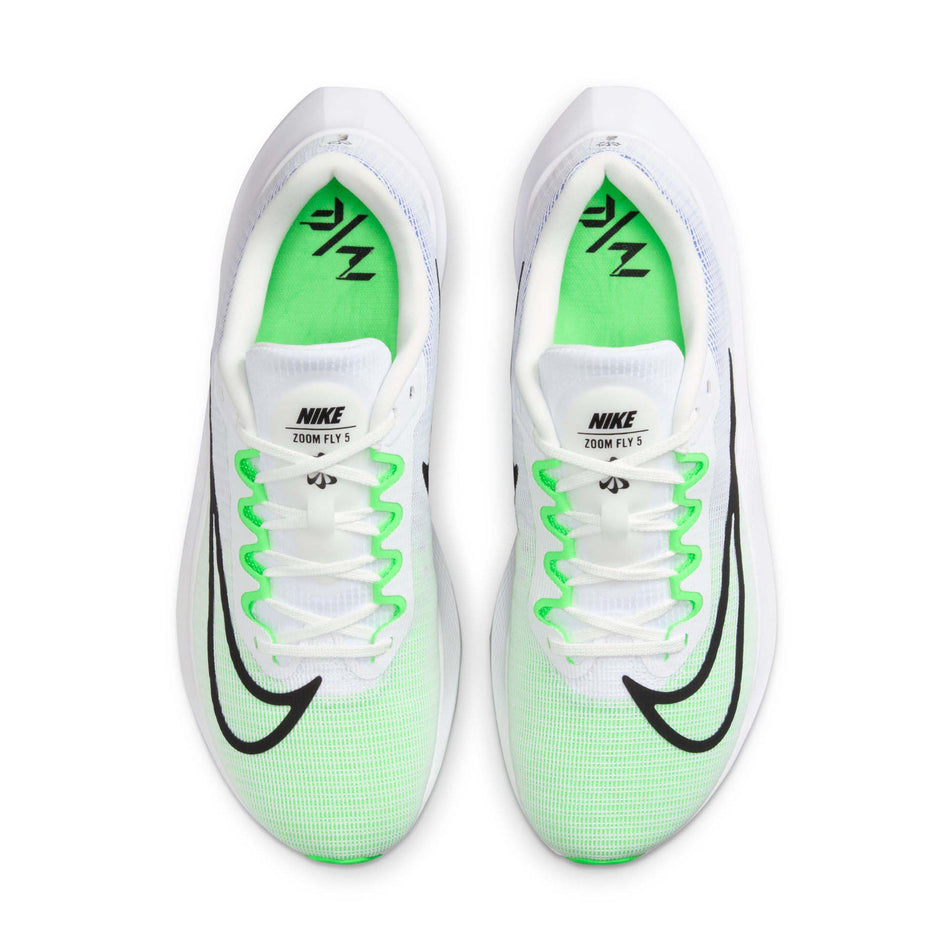 The uppers on a pair of Nike Men's Zoom Fly 5 Road Running Shoes in the White/Black-Green Strike-Racer Blue colourway (8213339406498)