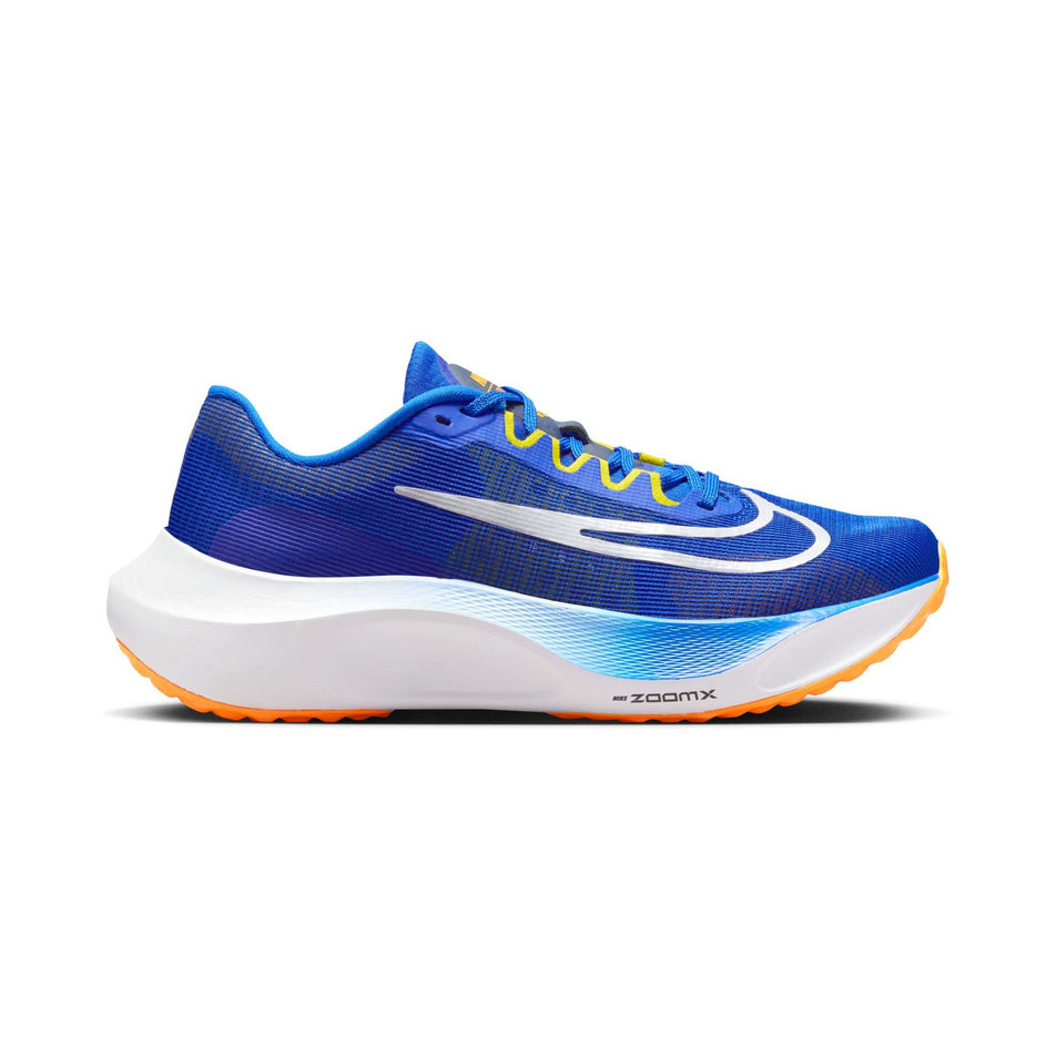 Lateral side of the right shoe from a pair of Nike Men's Zoom Fly 5 Road Running Shoes in the Racer Blue/White-High Voltage-Sundial colourway (7970692202658)