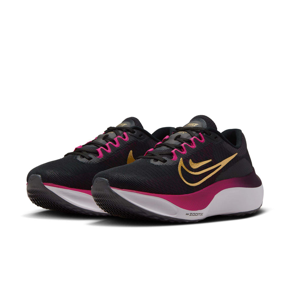 A pair of Nike Women's Zoom Fly 5 Road Running Shoes in the Black/Metallic Gold-White-Fireberry colourway (8049428168866)