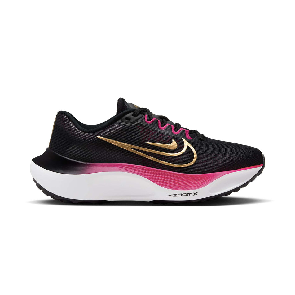 Lateral side of the right shoe from a pair of Nike Women's Zoom Fly 5 Road Running Shoes in the Black/Metallic Gold-White-Fireberry colourway (8049428168866)