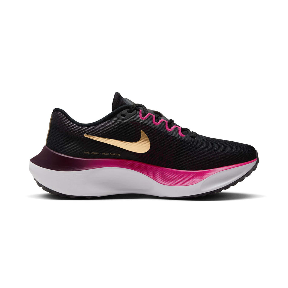 Medial side of the left shoe from a pair of Nike Women's Zoom Fly 5 Road Running Shoes in the Black/Metallic Gold-White-Fireberry colourway (8049428168866)
