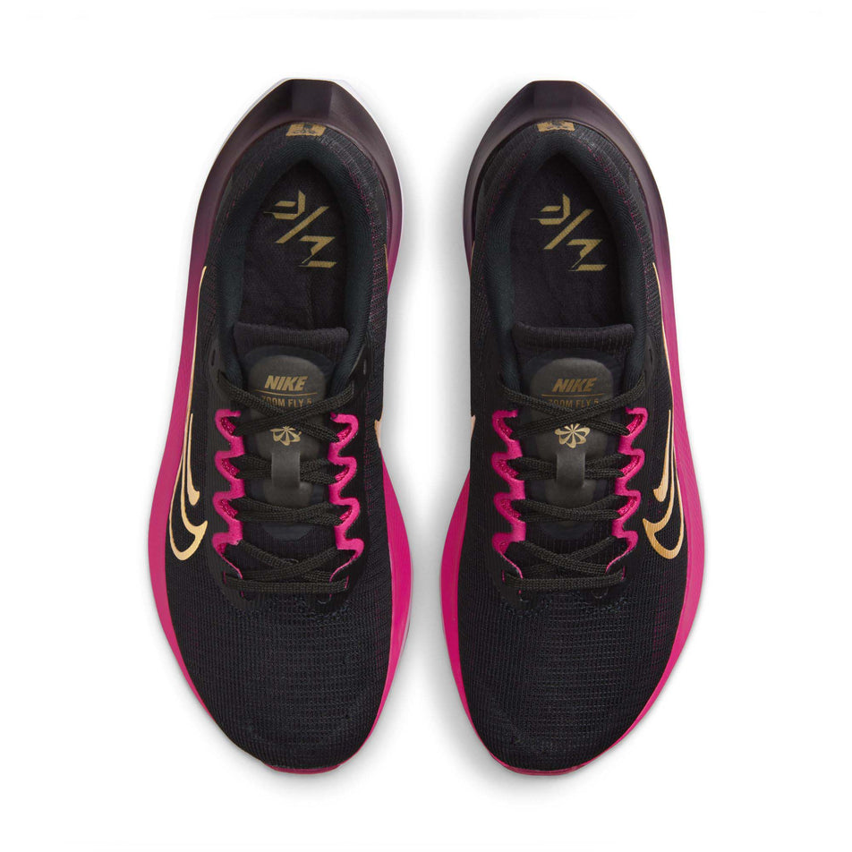 The uppers on a pair of Nike Women's Zoom Fly 5 Road Running Shoes in the Black/Metallic Gold-White-Fireberry colourway (8049428168866)