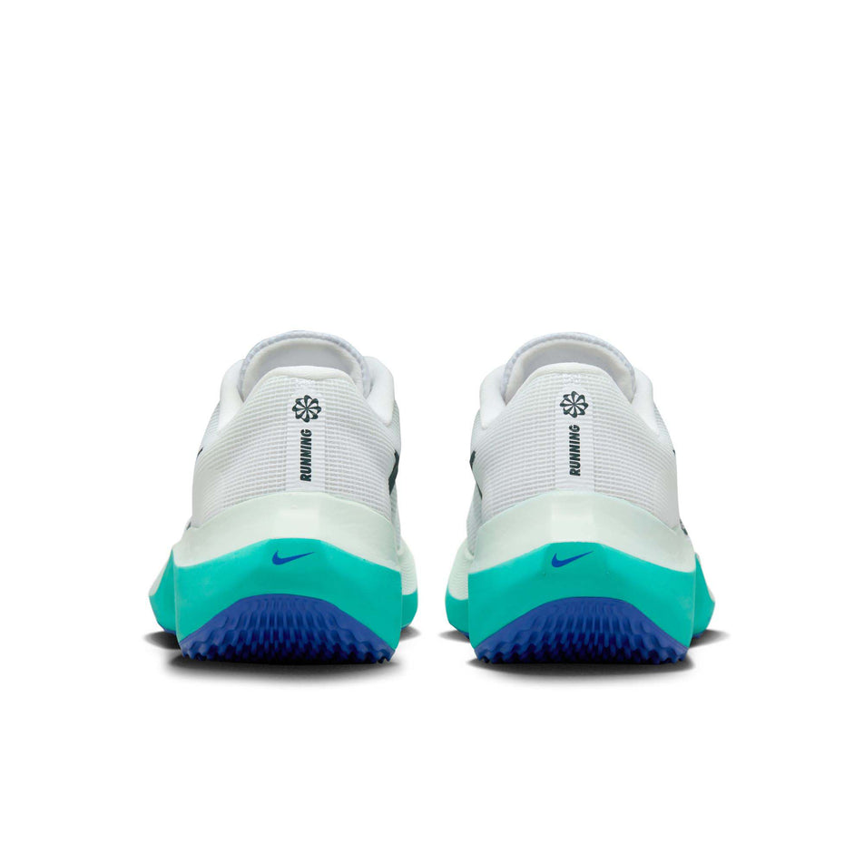 The back of a pair of Nike Women's Zoom Fly 5 Road Running Shoes in the White/Deep Jungle-Clear Jade colourway (7995912192162)