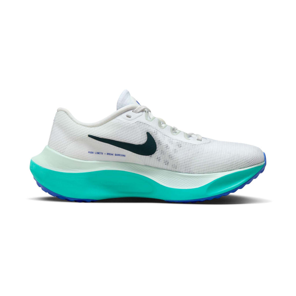 Medial side of the left shoe from a pair of Nike Women's Zoom Fly 5 Road Running Shoes in the White/Deep Jungle-Clear Jade colourway (7995912192162)