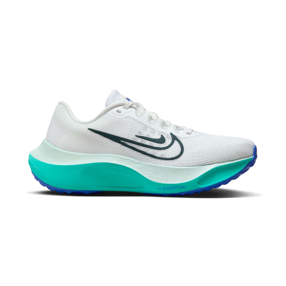 Lateral side of the right shoe from a pair of Nike Women's Zoom Fly 5 Road Running Shoes in the White/Deep Jungle-Clear Jade colourway (7995912192162)