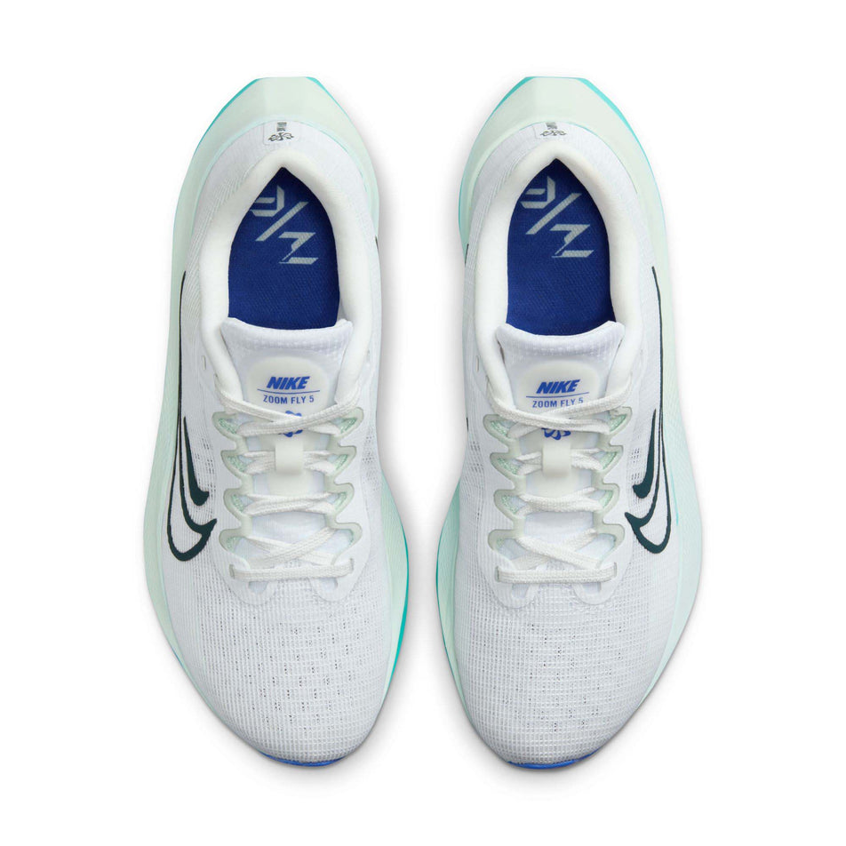 The uppers on a pair of Nike Women's Zoom Fly 5 Road Running Shoes in the White/Deep Jungle-Clear Jade colourway (7995912192162)