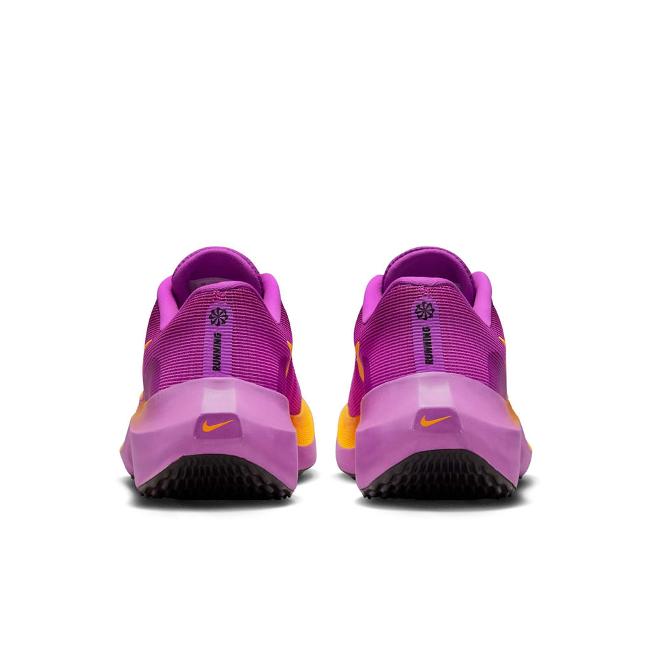 The back of a pair of Nike Women's Zoom Fly 5 Road Running Shoes in the Hyper Violet/Laser Orange-Black colourway (8139935678626)