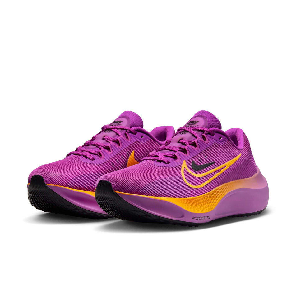 A pair of Nike Women's Zoom Fly 5 Road Running Shoes in the Hyper Violet/Laser Orange-Black colourway (8139935678626)