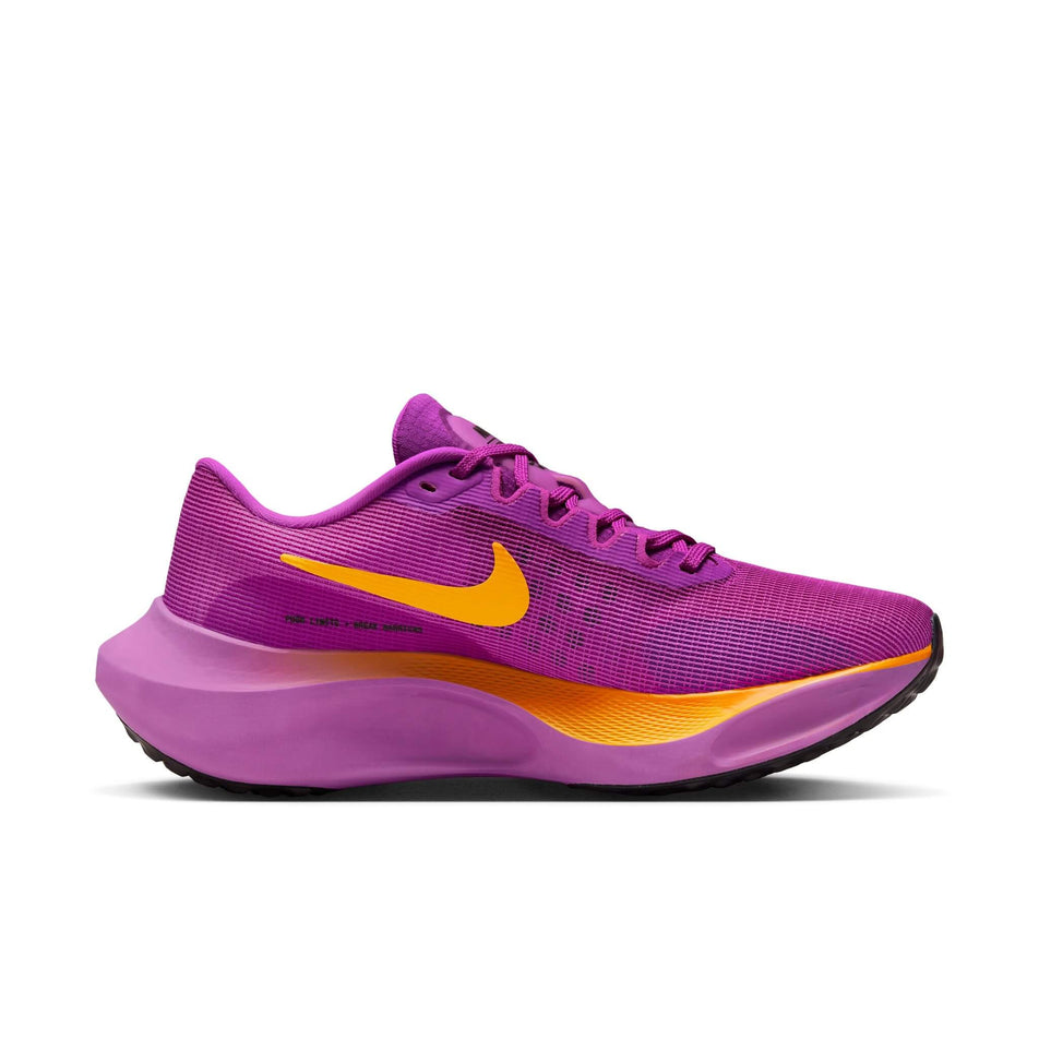 Medial side of the left shoe from a pair of Nike Women's Zoom Fly 5 Road Running Shoes in the Hyper Violet/Laser Orange-Black colourway (8139935678626)
