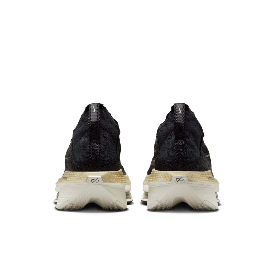 The back of a pair of Men's Alphafly 2 Road Racing Shoes in the Black/Mtlc Gold Grain-Sail colourway (8064213418146)