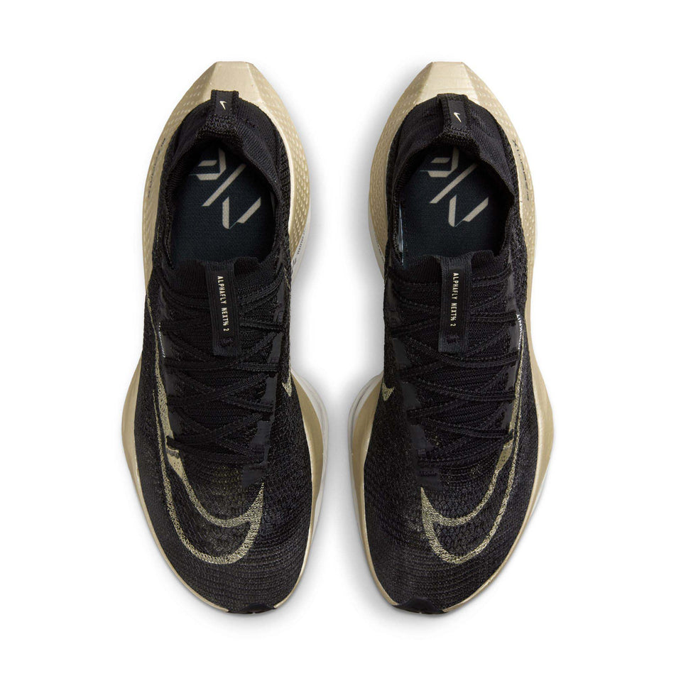 Uppers on a pair of Men's Alphafly 2 Road Racing Shoes in the Black/Mtlc Gold Grain-Sail colourway (8064213418146)