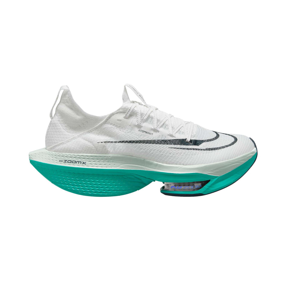 Lateral side of the right shoe from a pair of Nike Men's Alphafly 2 Road Racing Shoes in the White/Deep Jungle-Clear Jade colourway (7995905867938)