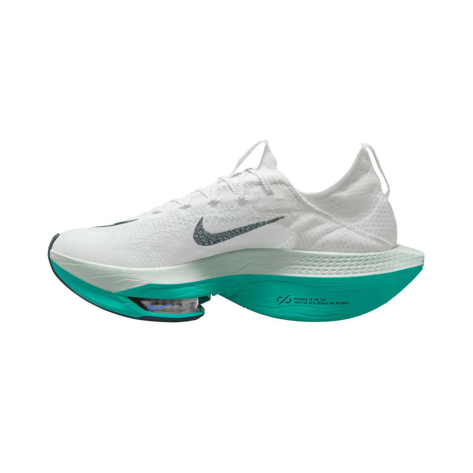 Medial side of the right shoe from a pair of Nike Men's Alphafly 2 Road Racing Shoes in the White/Deep Jungle-Clear Jade colourway (7995905867938)