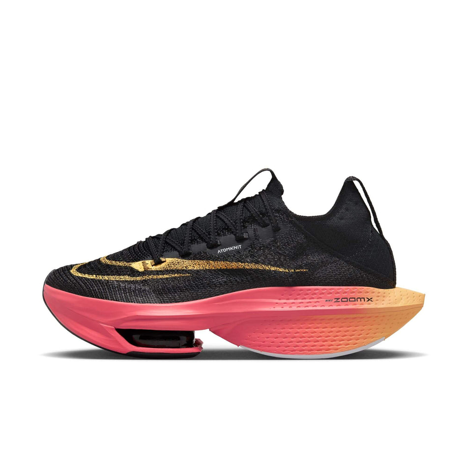 Lateral side of the left shoe from a pair of Nike Women's Alphafly 2 Road Racing Shoes in the BLACK/TOPAZ GOLD-SEA CORAL-WHITE colourway (7870344462498)