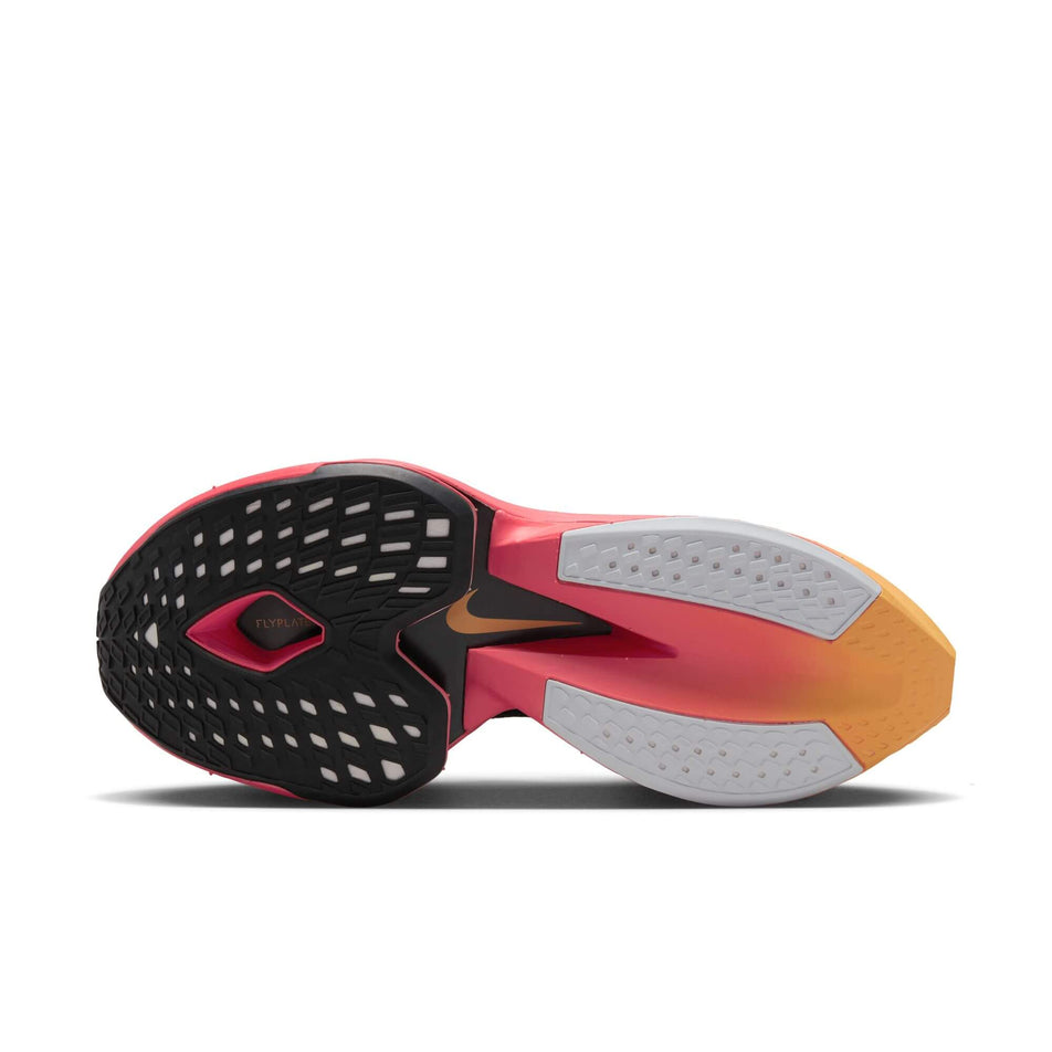 Outsole of the left shoe from a pair of Nike Women's Alphafly 2 Road Racing Shoes in the BLACK/TOPAZ GOLD-SEA CORAL-WHITE colourway (7870344462498)