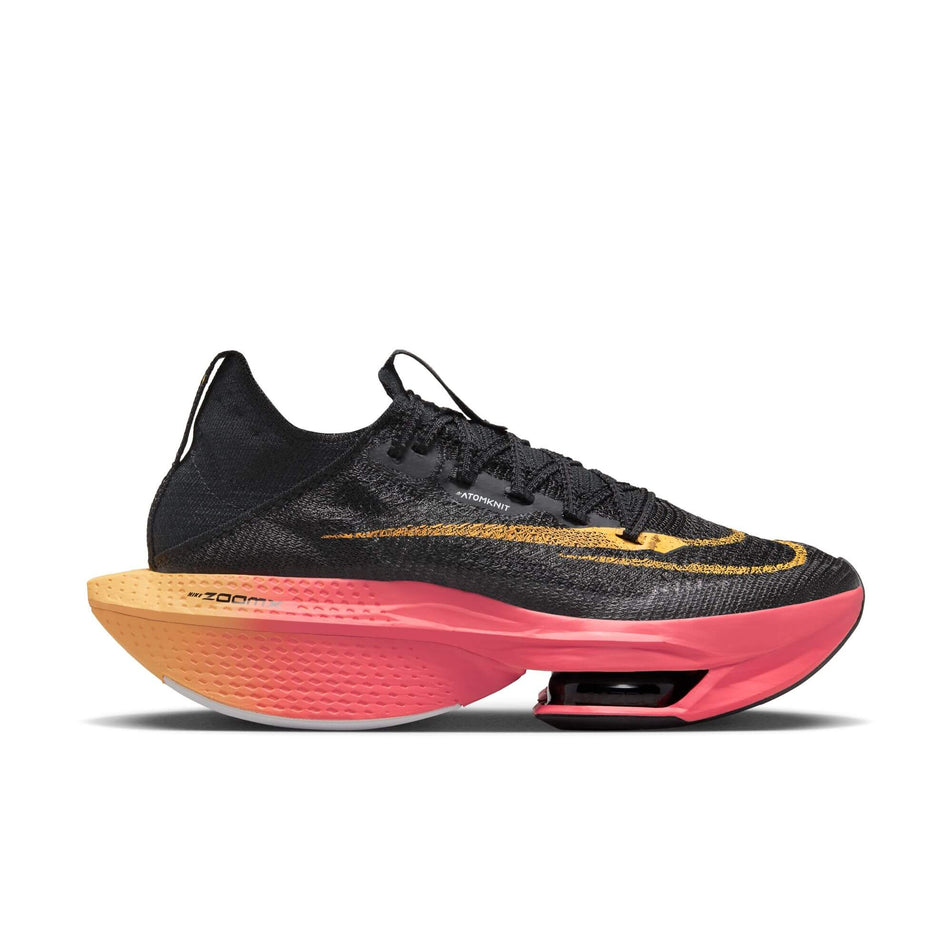 Lateral side of the right shoe from a pair of Nike Women's Alphafly 2 Road Racing Shoes in the BLACK/TOPAZ GOLD-SEA CORAL-WHITE colourway (7870344462498)